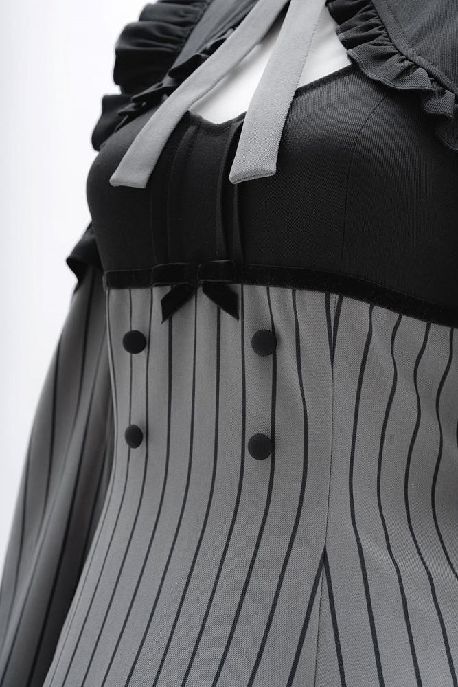 [Pre-order Deadline: October 1] Black x Gray Striped High-Low Cutout Cold-Shoulder Flare-Sleeve Frill Ribbon Dress