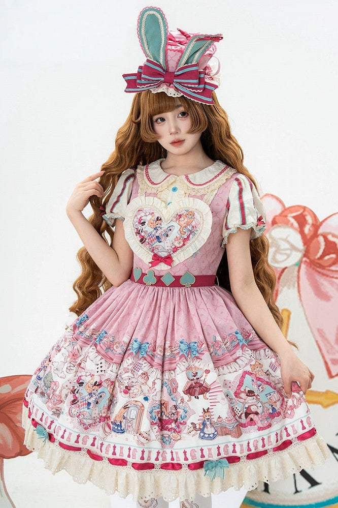 [Pre-order Deadline: July 1] Pink x Green Alice Cat Sweet Lolita Puff Sleeve OP Dress (with Ribbon Apron and Playing Card Motif Waist Belt)