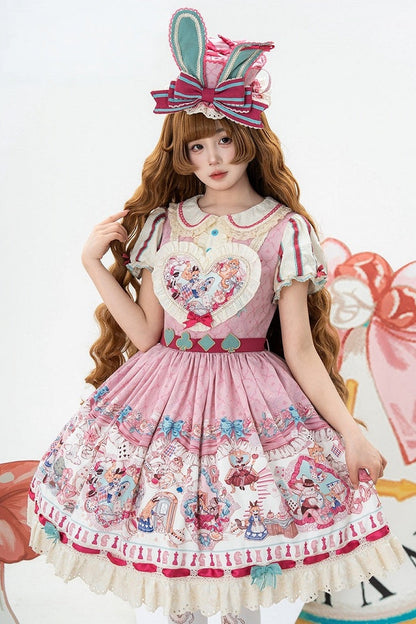 [Pre-order Deadline: July 1] Pink x Green Alice Cat Sweet Lolita Puff Sleeve OP Dress (with Ribbon Apron and Playing Card Motif Waist Belt)