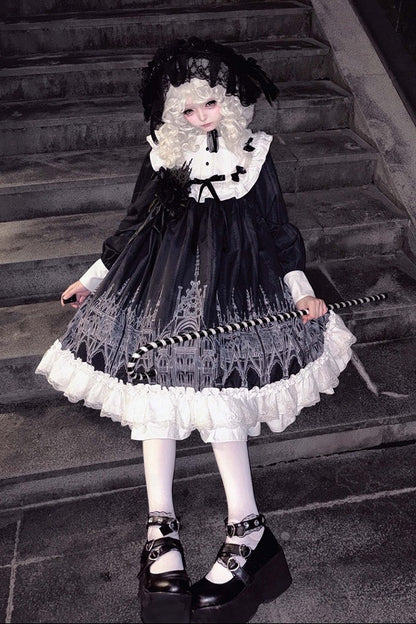 【10月13日予約締切】Gothic Doll Black White Cathedral Print Lace Trim Lolita Op Dress+ Full Dress Set (Flat Hat, Sash, Castle Flower Brooch)
