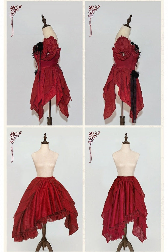 【10月28日予約締切】Red Butterfly Gothic Lolita Puff Sleeve Dress Top + Layered Ruffle Asymmetrical Hem Skirt Set (With Chest Brooch + Waist Brooch)