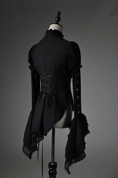 [Pre-order Deadline: July 25] Black/White Gothic Lolita Elegant Ruffle High-Neck Bell-Sleeve Lace Ruffle Shirt