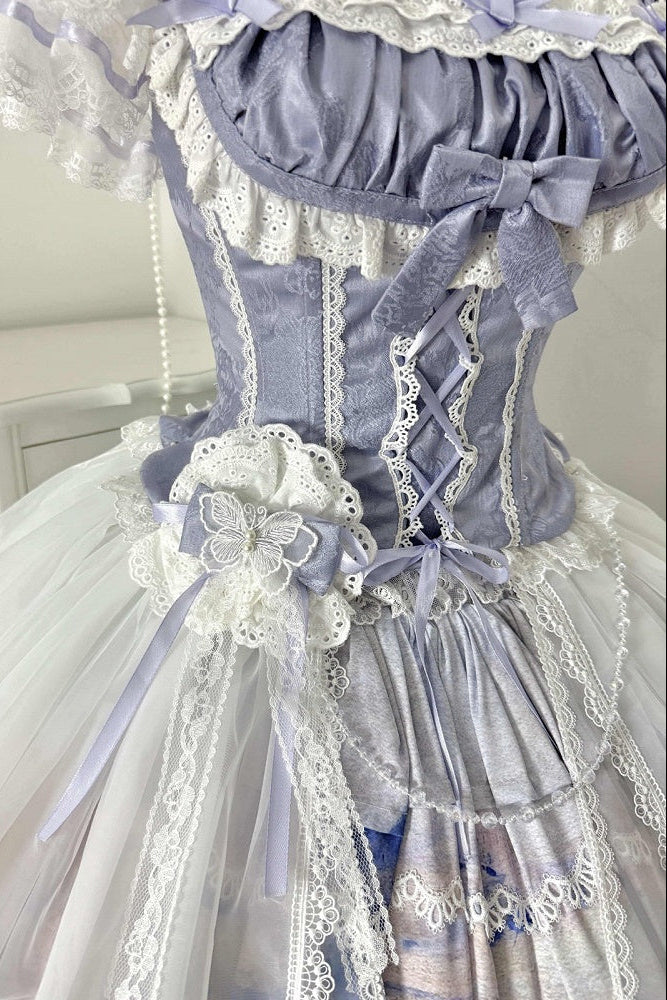 [Reservierungsschluss 3. August] Snow on the Seine River elegantes Lolita-Set mit Schleifen-Rüschen-Korsett-Bustier+langem Rock mit Kunstdruck+langem Tüll-Überrock