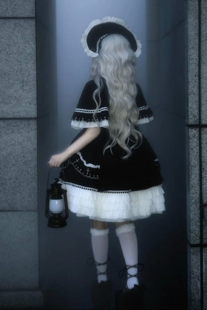 【10月4日予約締切】Black Pink Gothic-Inspired Sweet Lolita Ribbon Ruffle Dress＋Cross Embroidery Ribbon Cape