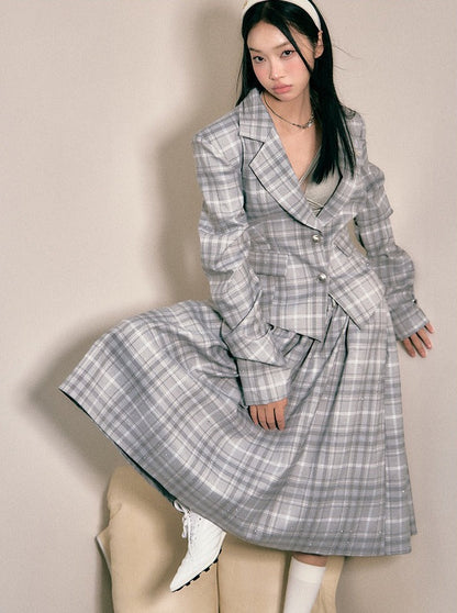 Diamond Check Waist Blazer + Short Skirt + Long Skirt