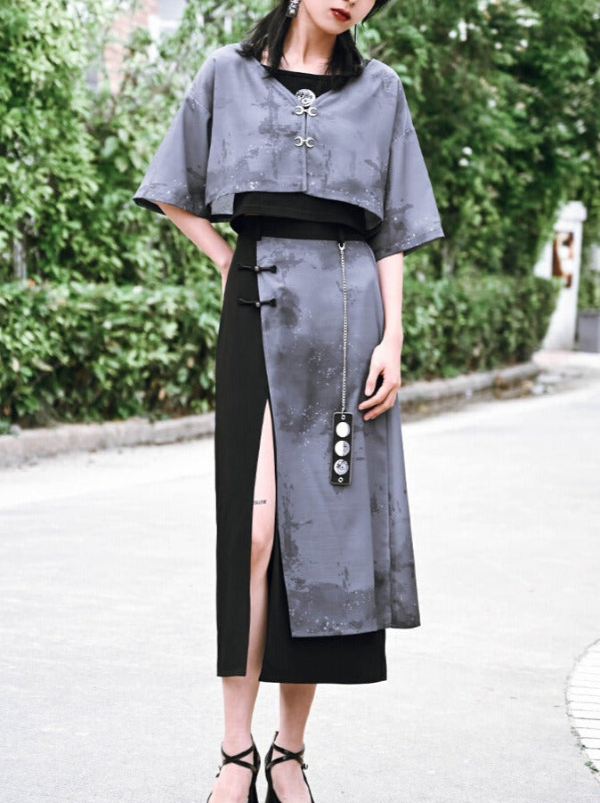 China Taste Moon Lavit Print Chiffon Jacket & Skirt Setup