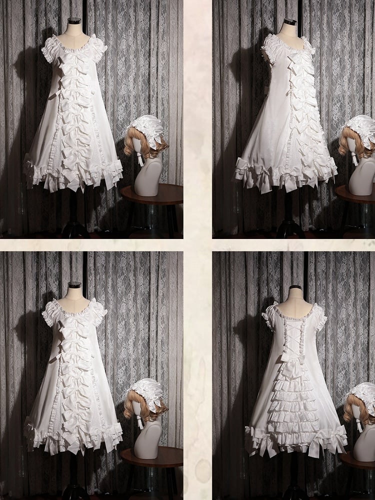 [November 15 Reservation Deadline] White Doll Style Front & Back Two-Way Ruffle Ribbon Lolita Dress (Short/Long) + Matching Shorts (Short/Long) + BB Hat