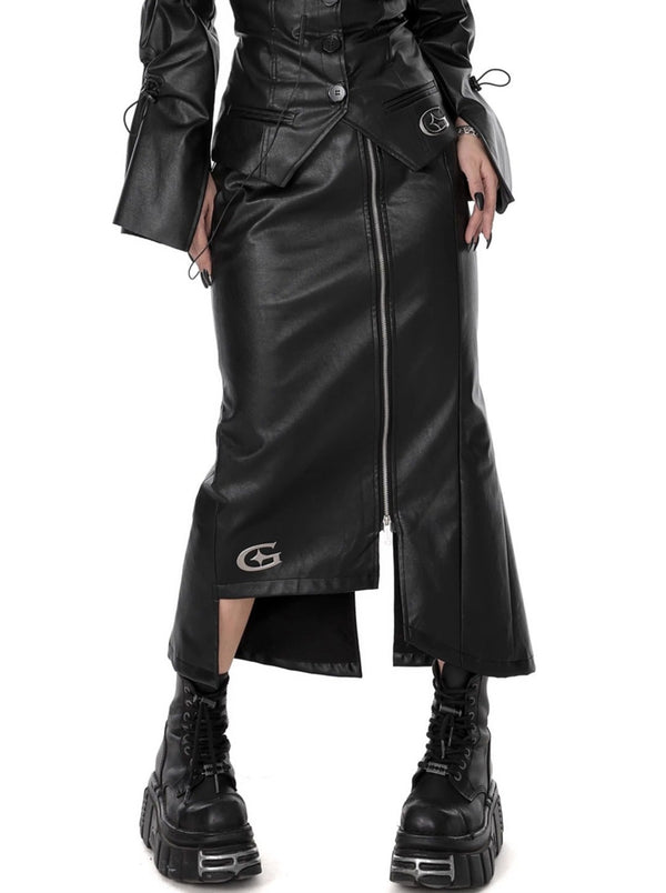 Design Metal Fishtail Long Zip Faux Leather Skirt