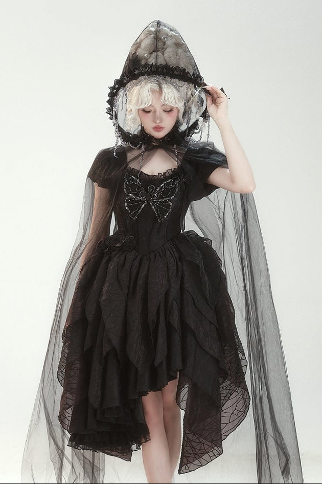 【10月28日予約締切】Black Butterfly Gothic Lolita Puff Sleeve Dress Top + Layered Ruffle Asymmetrical Hem Skirt Set (With Chest Brooch + Waist Brooch)