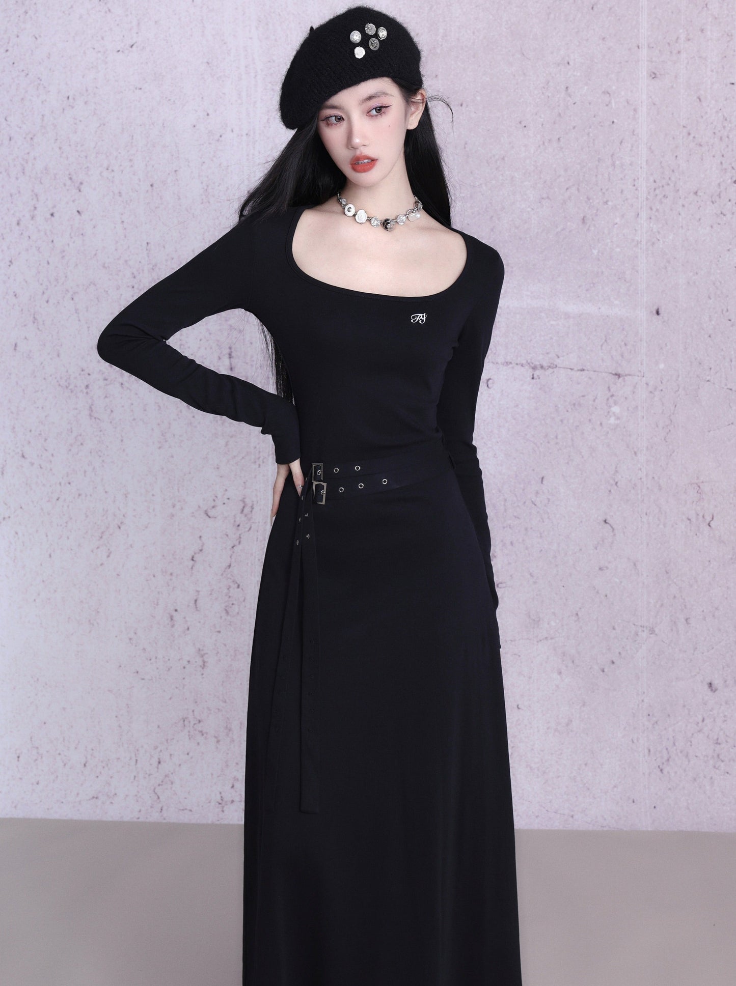 Slim Tight Belt Waist Long Dress