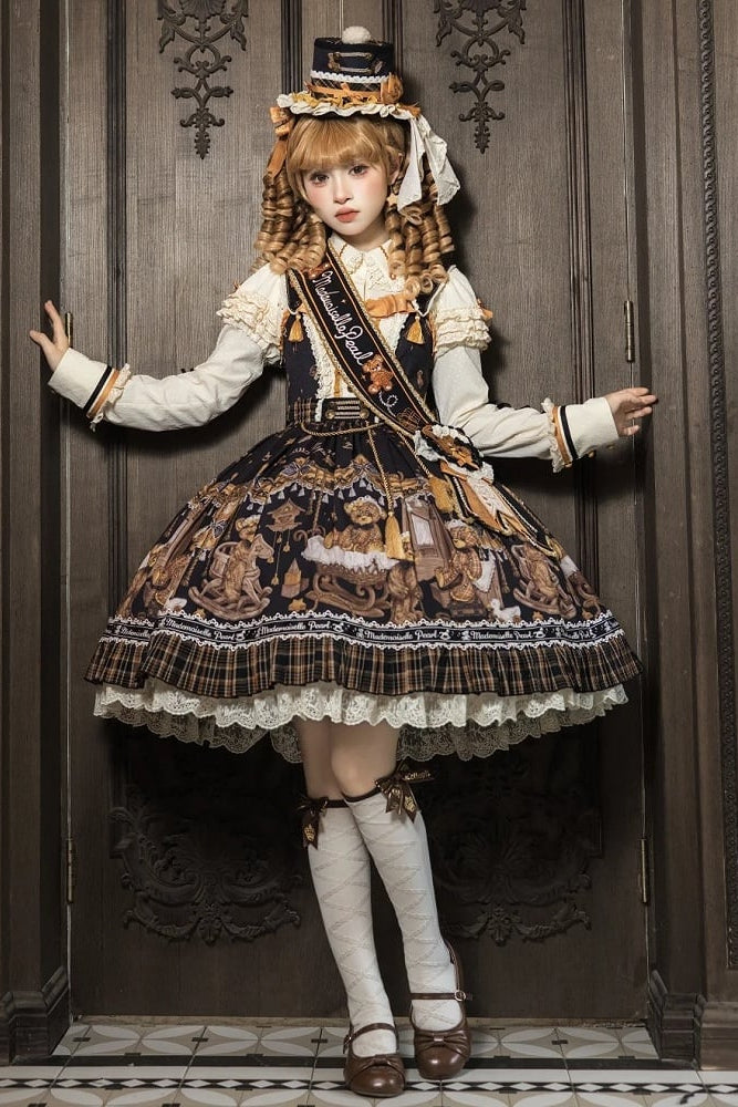 [Reservierungsschluss 8. September] Classic Bear Lolita-Stufenkleid mit weißem Kragen, Karomuster, Spitze und Schleife+Vintage-JSK-Kleid mit Teddybär-Print und Spitze+Vintage-Lolita-Kleid mit Teddybär-Print, Karokragen und klassischem Karomuster
