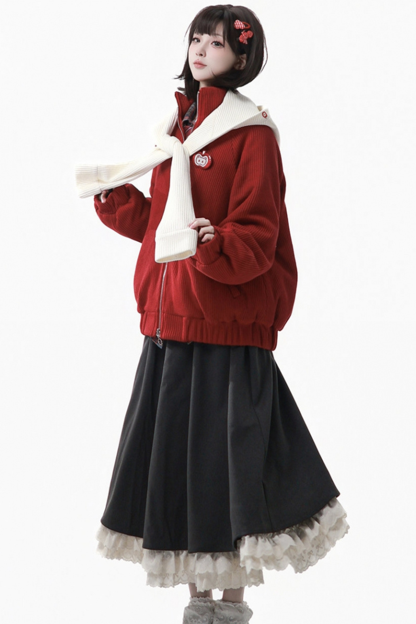 アップルブラックティーフリースコート+フーディー+ロングスカート+ショートスカート+フードマフラー