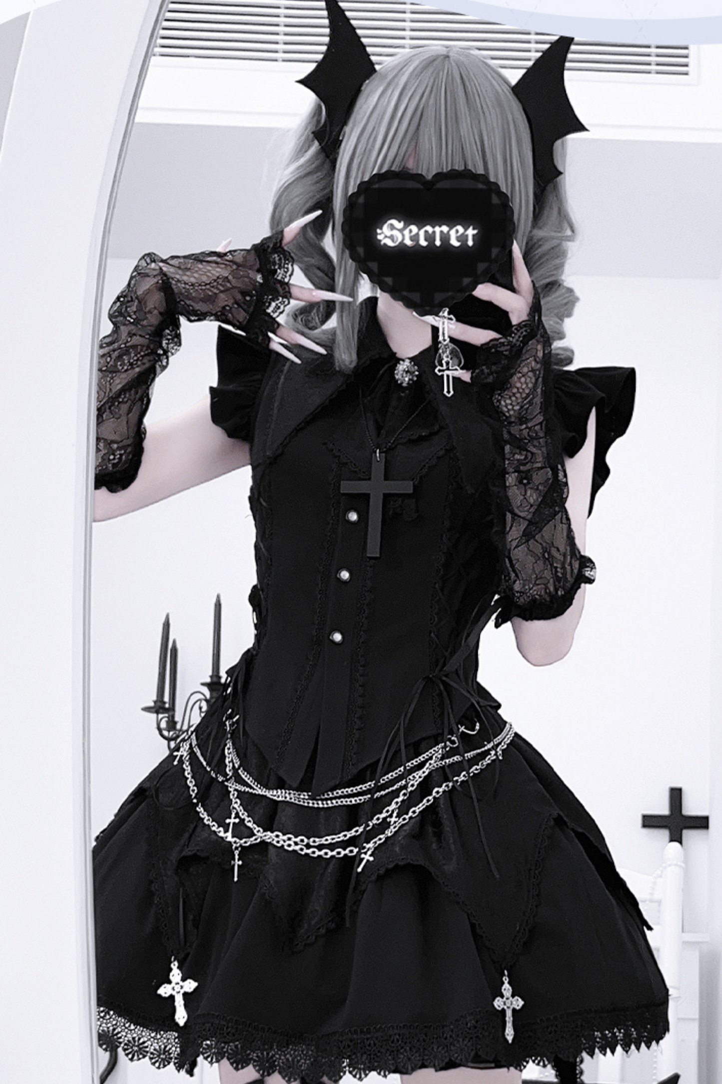 ダークゴシックサブカルチャーストラップセットアップ＋リボン＋チェーン