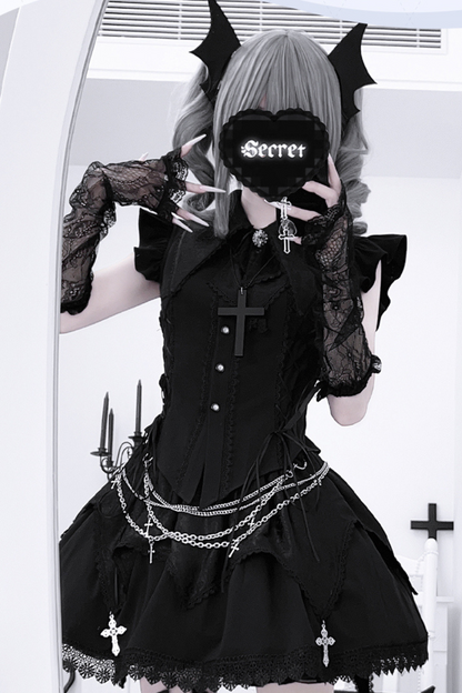 ダークゴシックサブカルチャーストラップセットアップ＋リボン＋チェーン