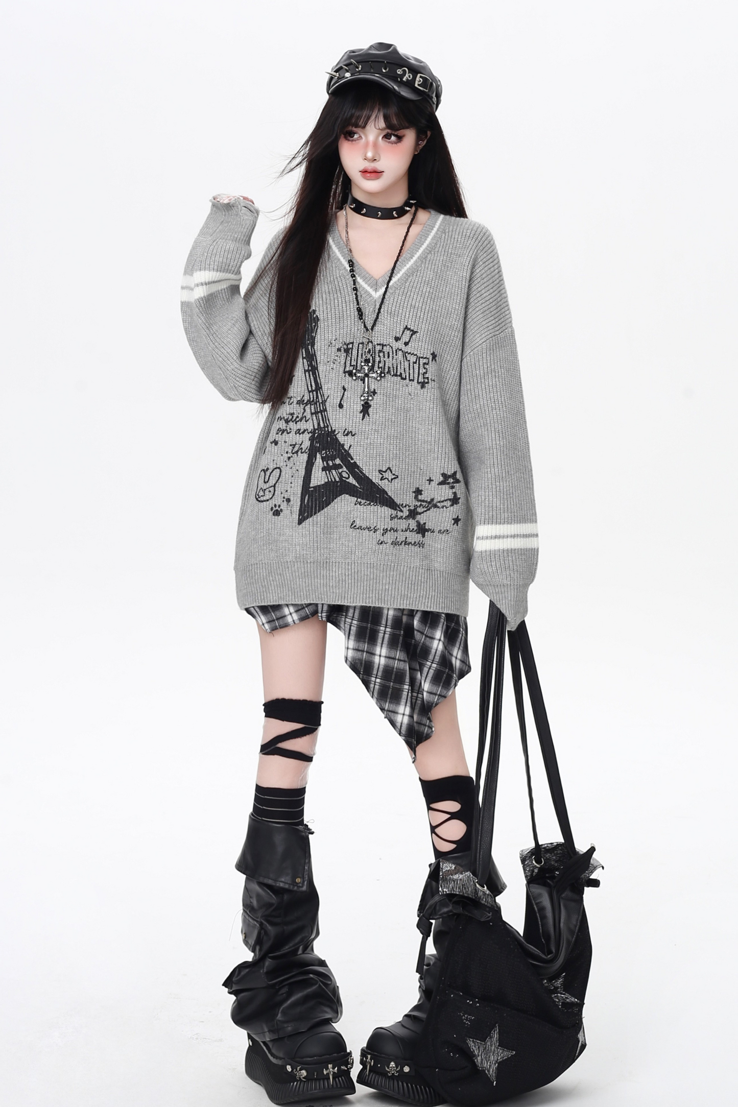 クールロックスタイルギターVネックルーズロングスリーブニット