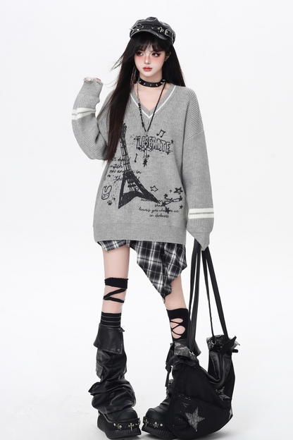 クールロックスタイルギターVネックルーズロングスリーブニット