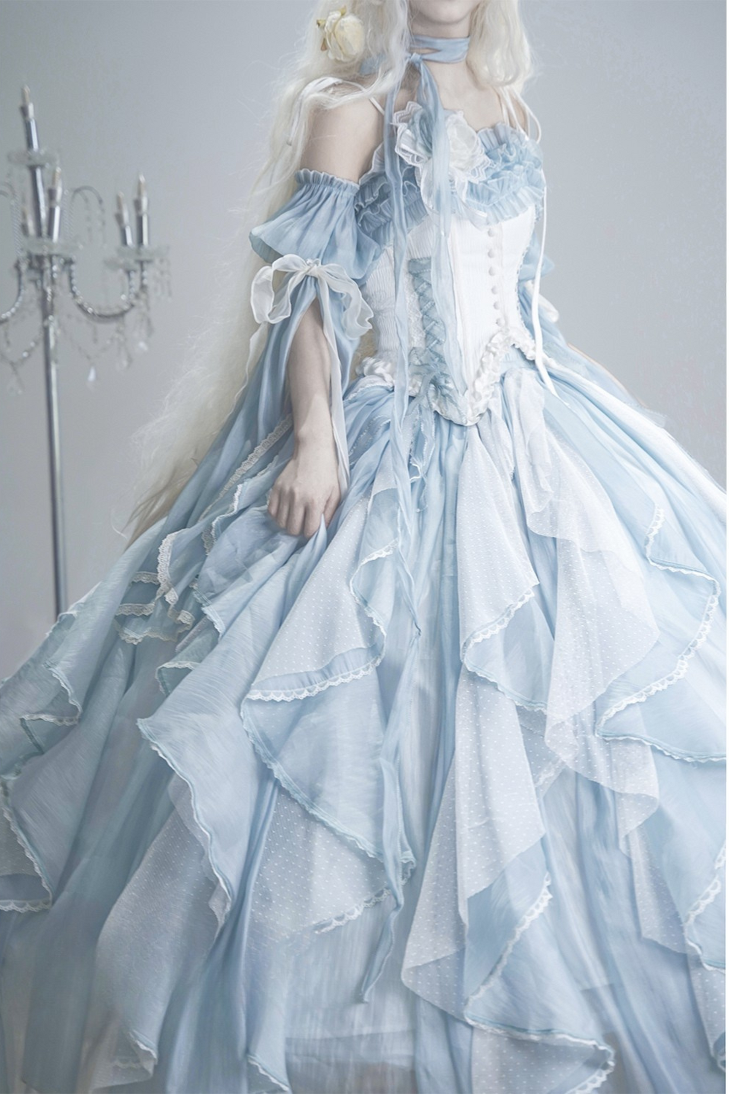 Blue Pink Fishbone Corset Wedding Dress