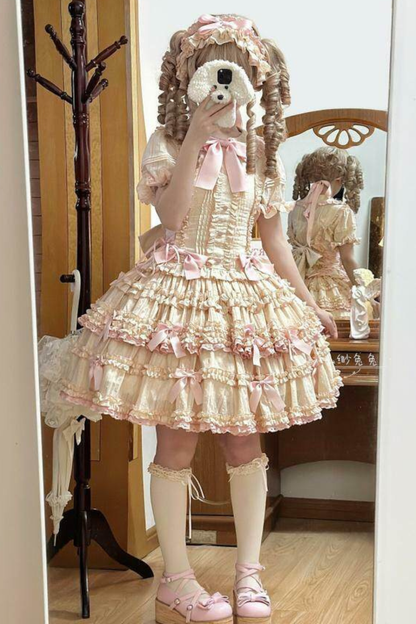 ピュアガールリボンロリータスカート+インナー+ベスト+ヘアバンド+スリーブ