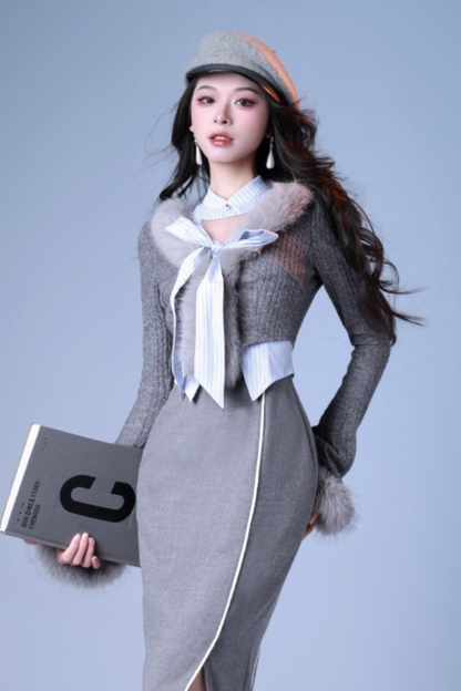 Faux Two Piece Lady Slit Dress