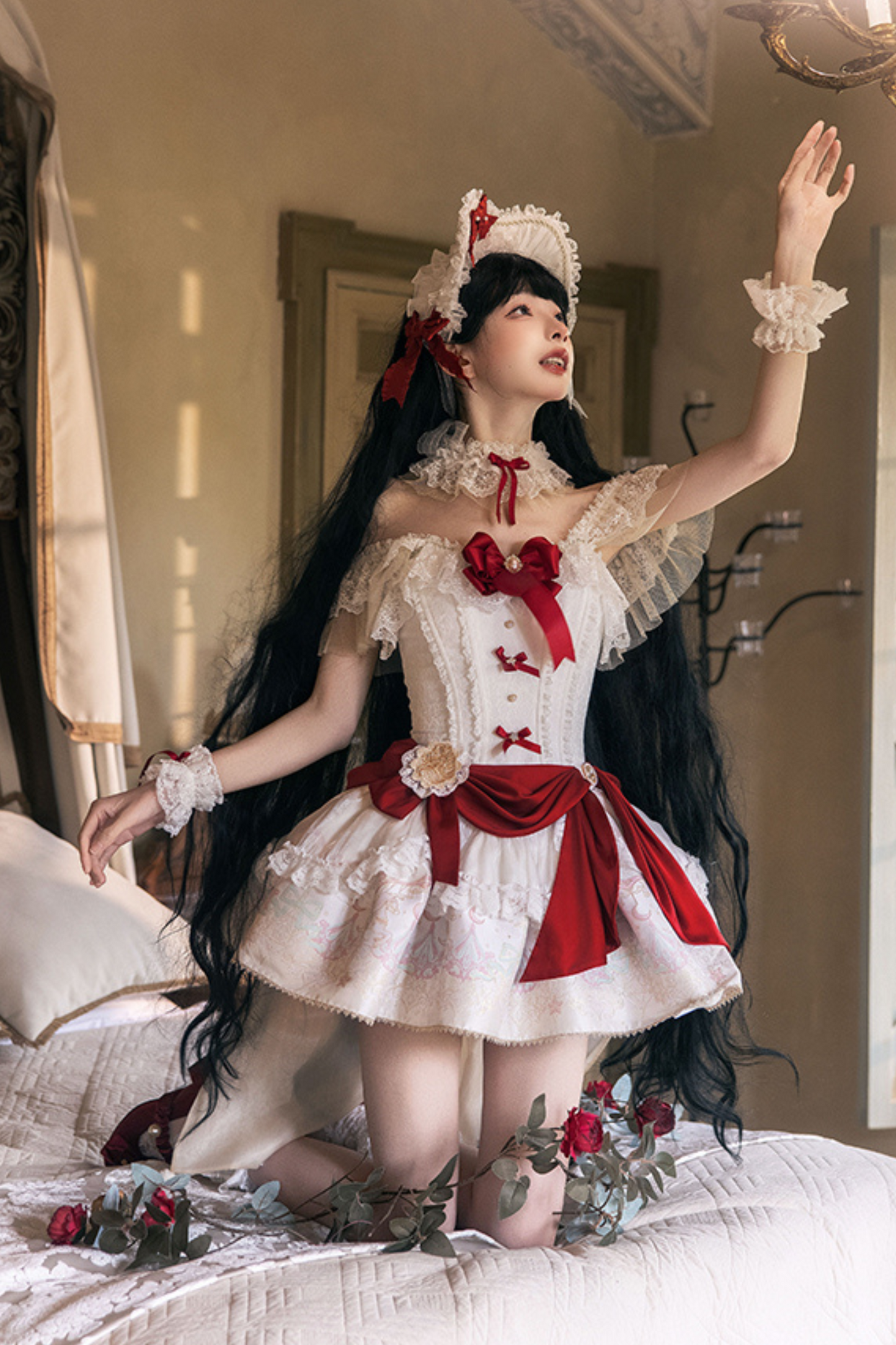 白雪プリンセスロリータドレス+ボンネット+レースチョーカー