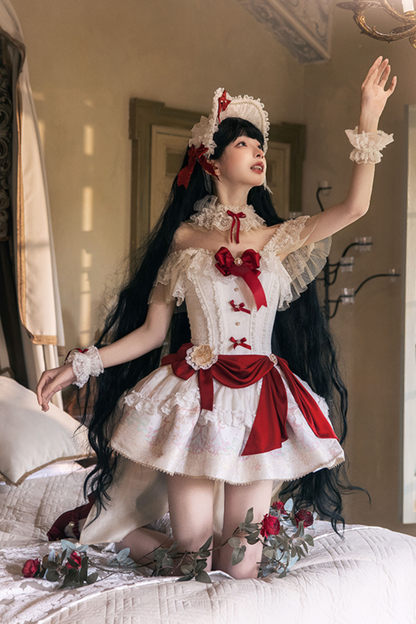 白雪プリンセスロリータドレス+ボンネット+レースチョーカー
