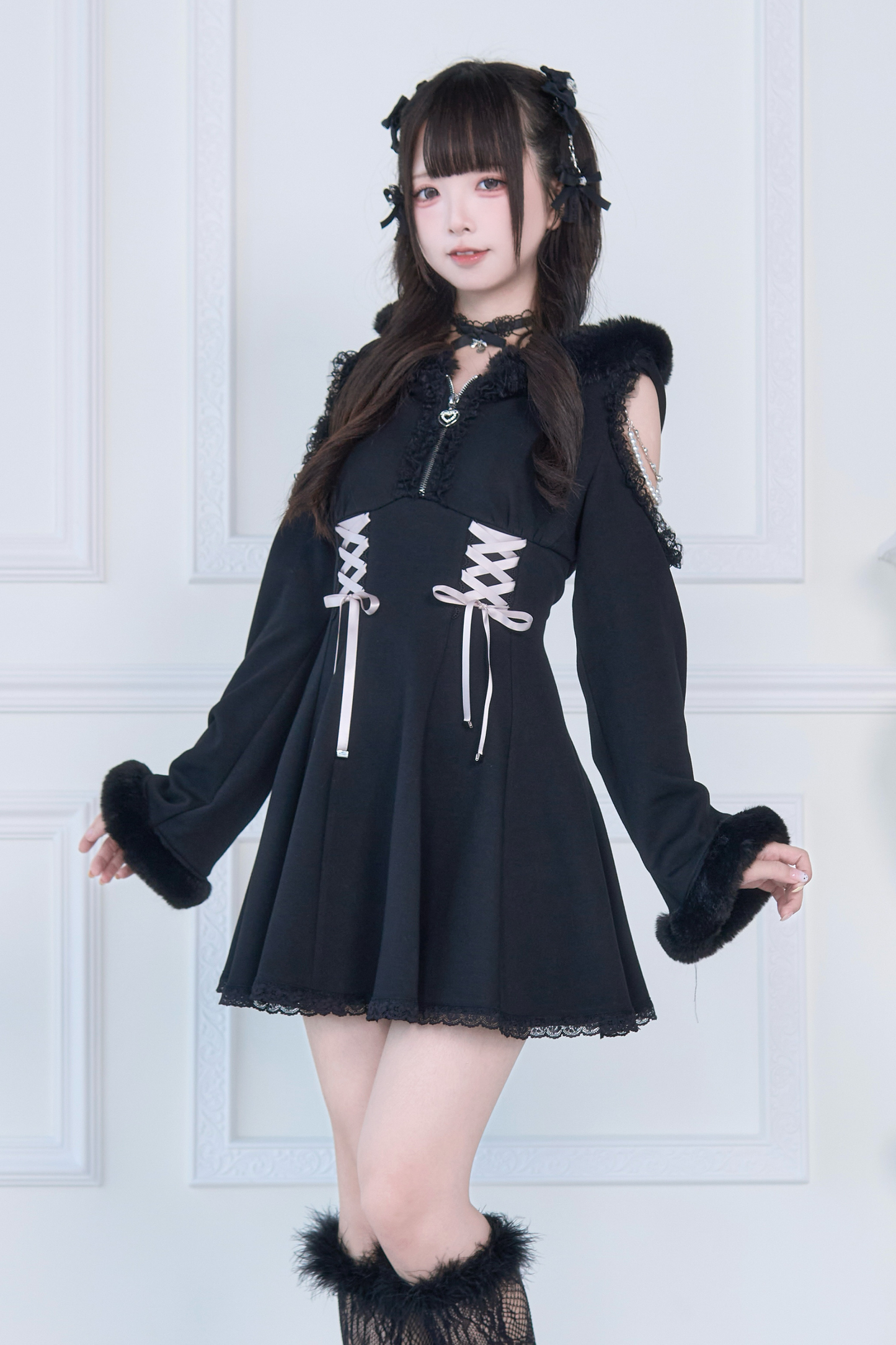 Lace-up Off-the-shoulder Fur Hooded Dress