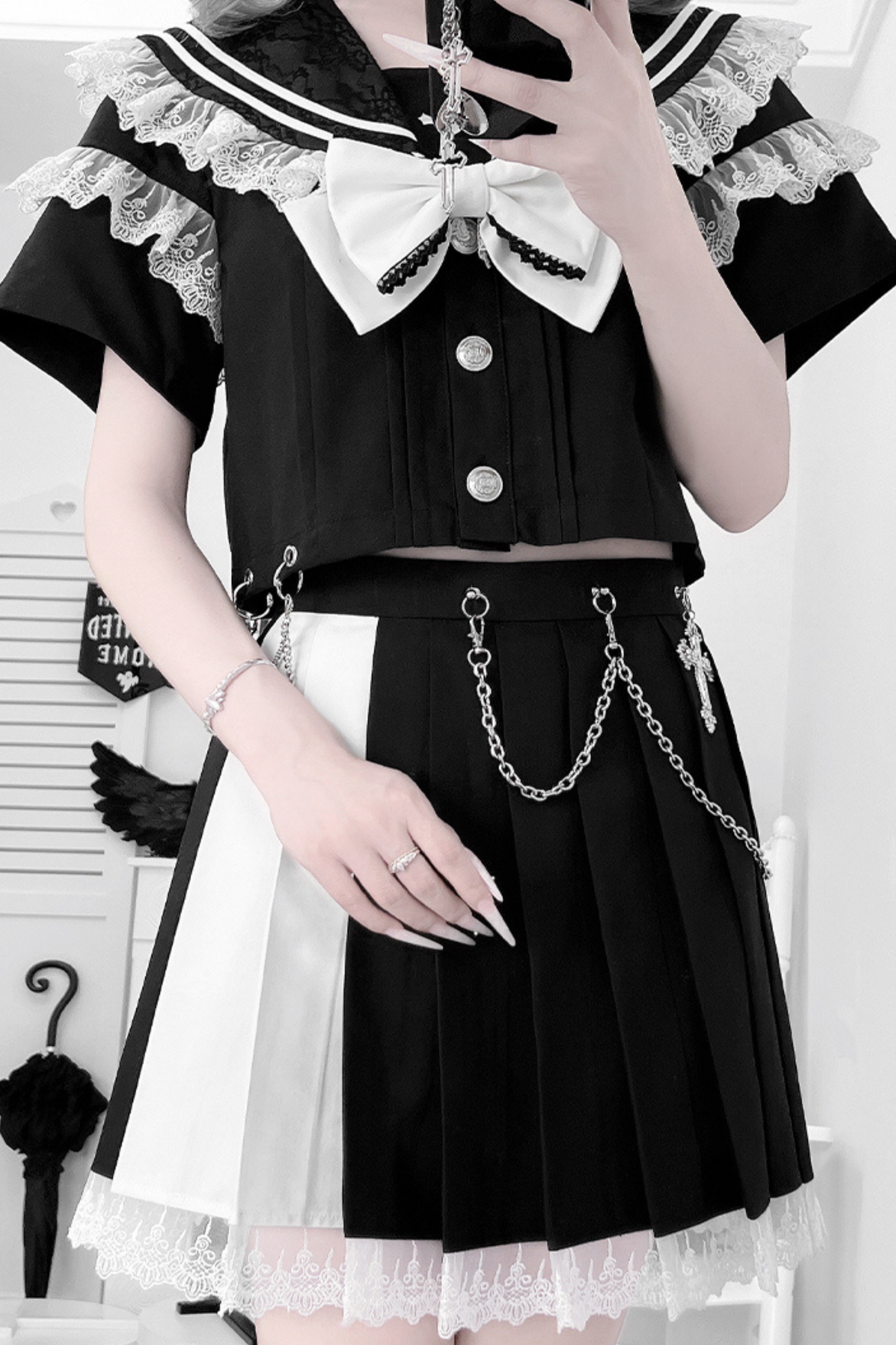 ダークガールカレッジセーラートップス+スカート+リボン+スカートチェーン