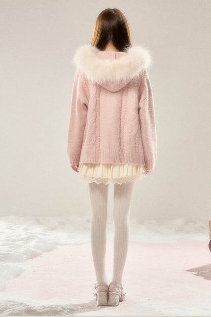 Sweet Fur Collar Hooded Knit Cardigan