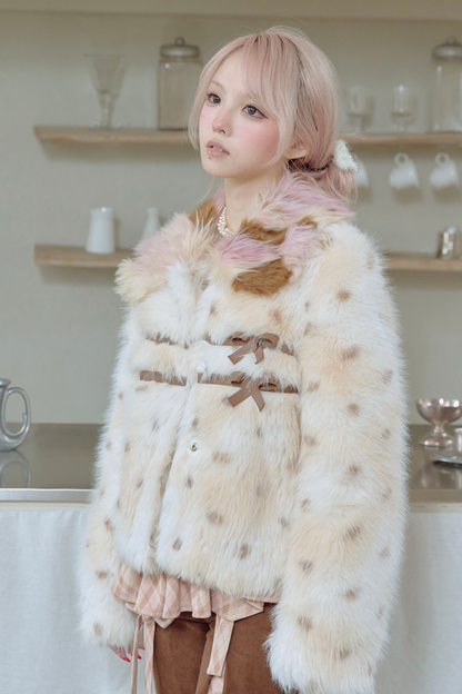 ブラウンレザーリボンドットファーコート