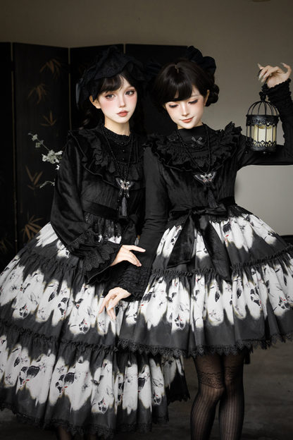 シックバタフライプリントスイングロリータドレス+ジャンパースカート+ヘアバンド+インナー+リボン