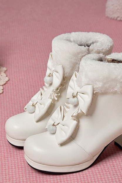 ダブルリボンファーショートブーツ