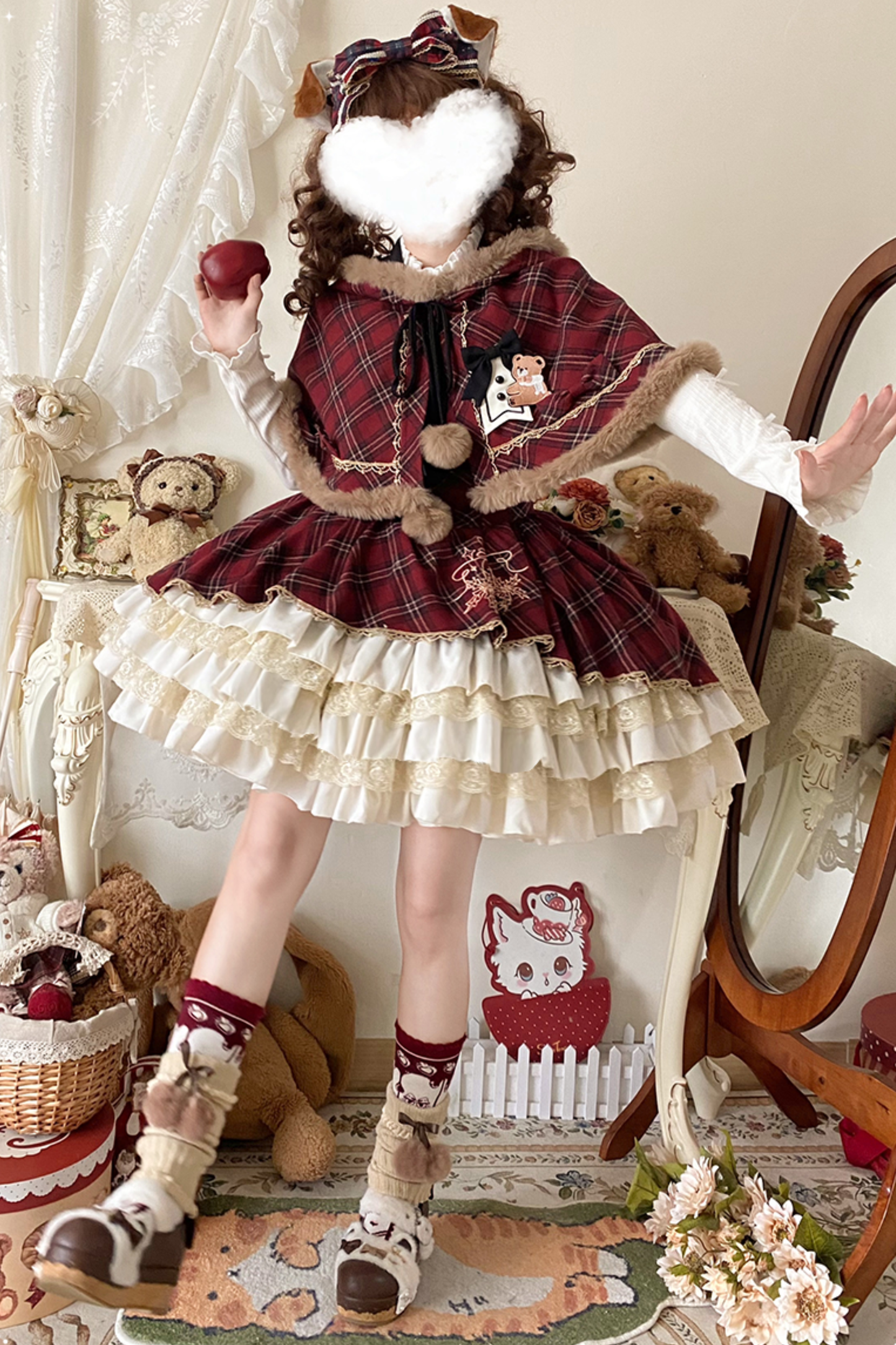 [Pre-order item] Check Lolita JSK + Hooded Cloak + Knit + Bear Catsuit