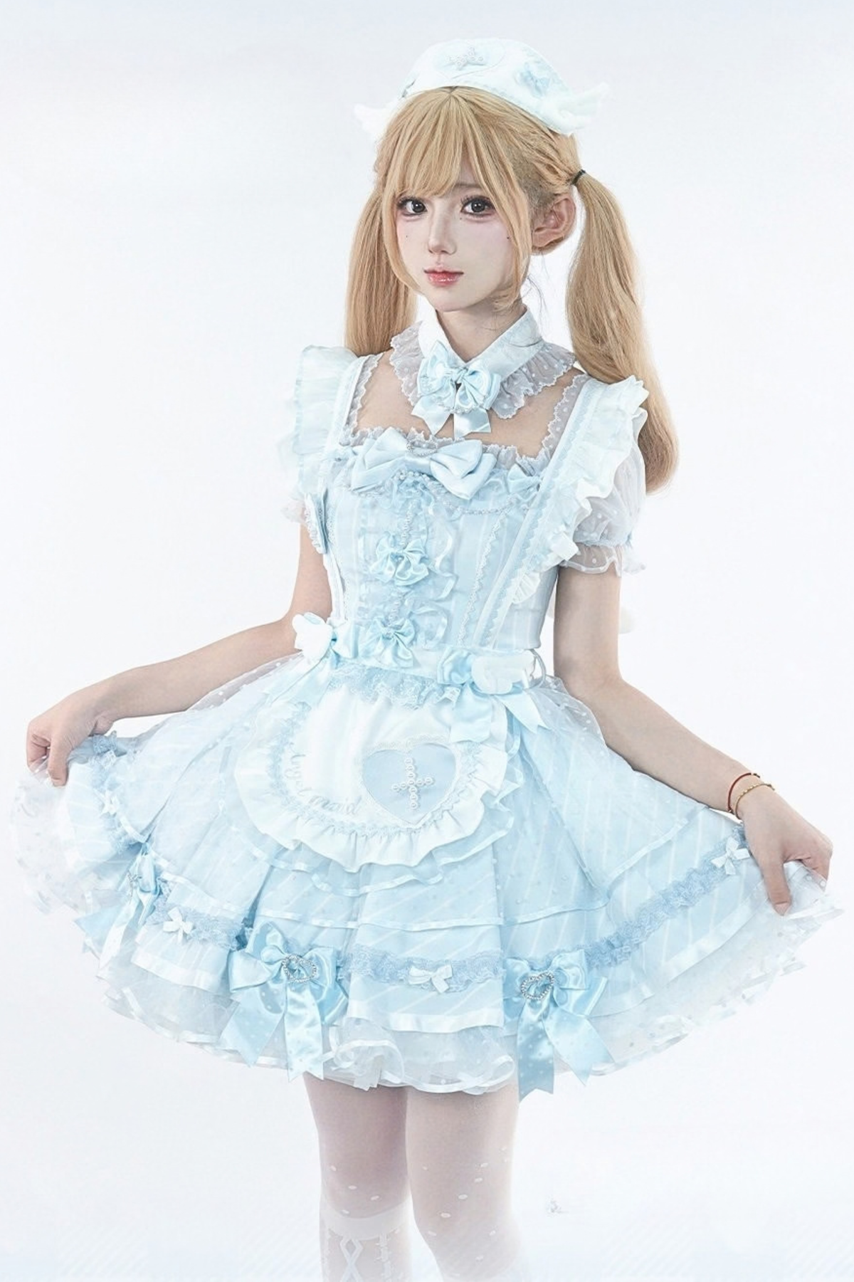 【10月15日予約締切】Pink/Blue Medical Angel Bow Frill Apron Dress Set + Nurse Hat + Nurse Hat