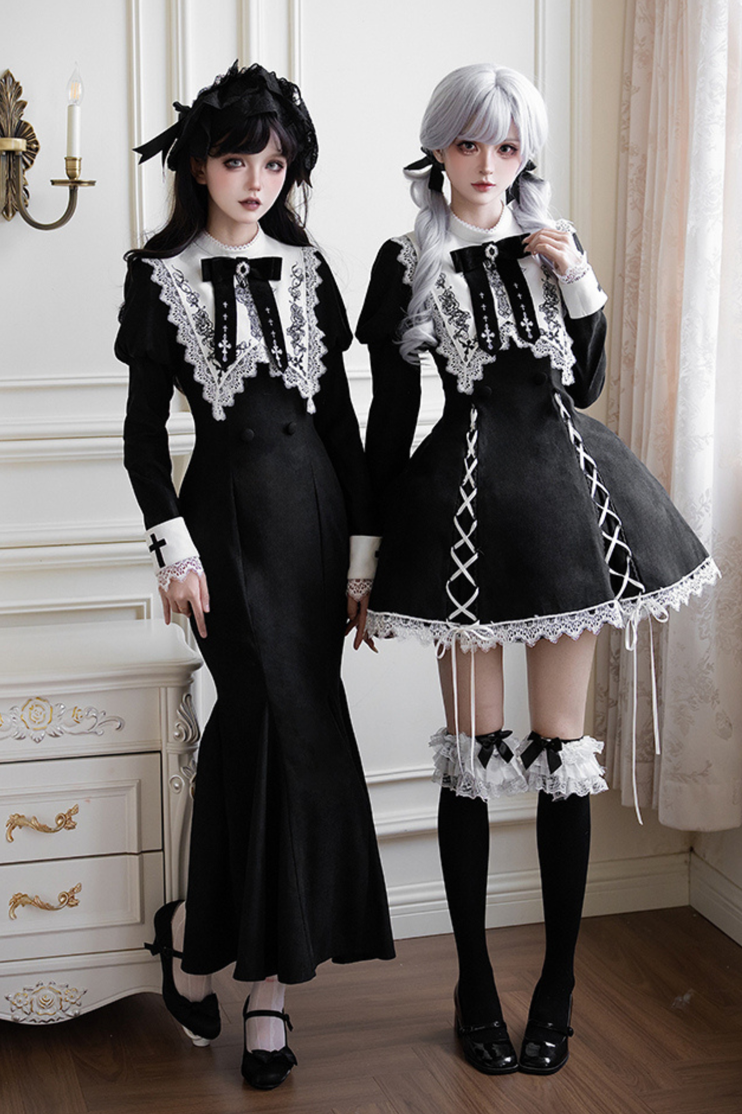 シックマーメイドドレス+レースアップショートドレス+マントコート+カラー+リボンブローチ