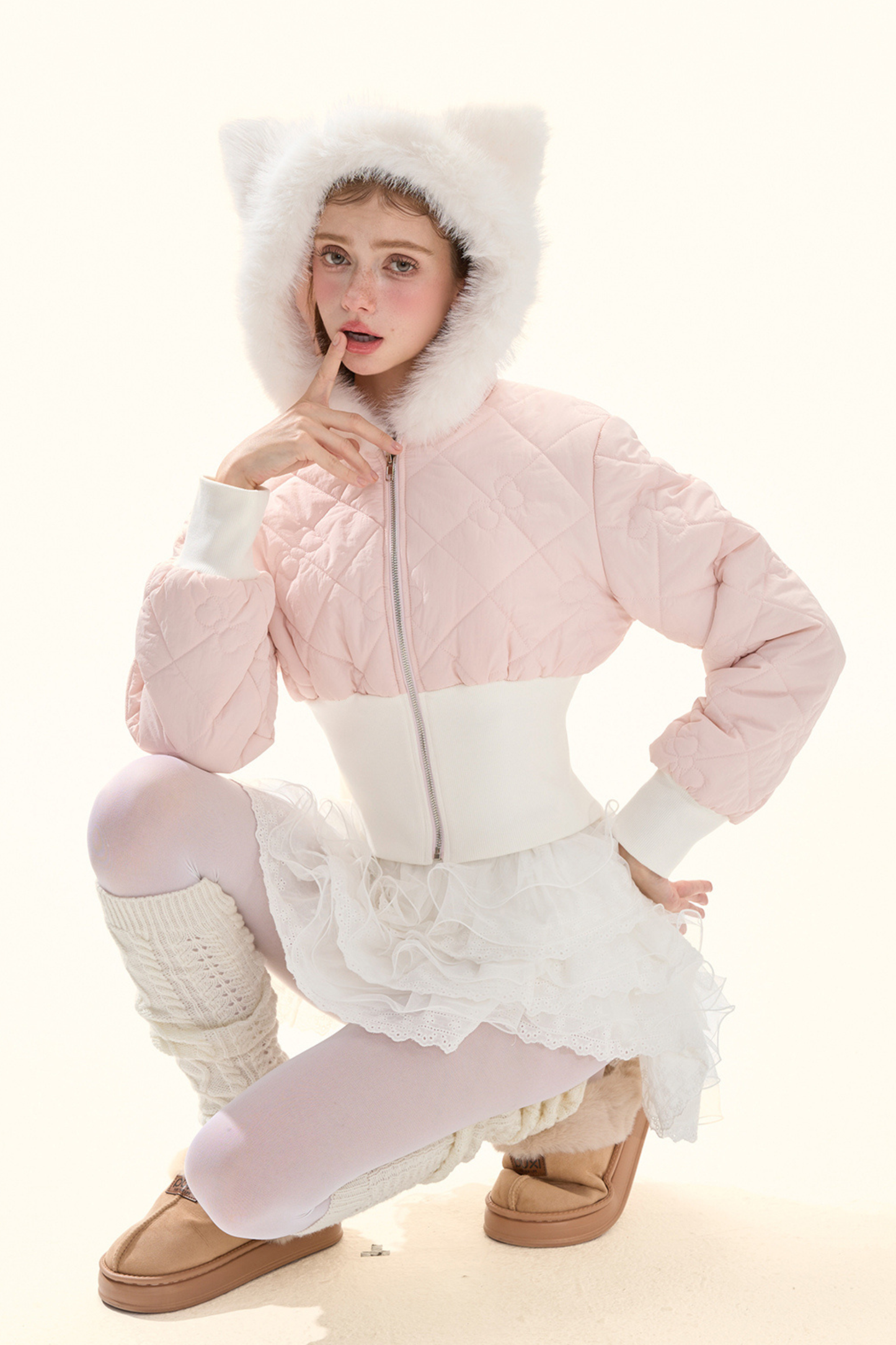 フェアリーファーキャットフードキルティングジャケット