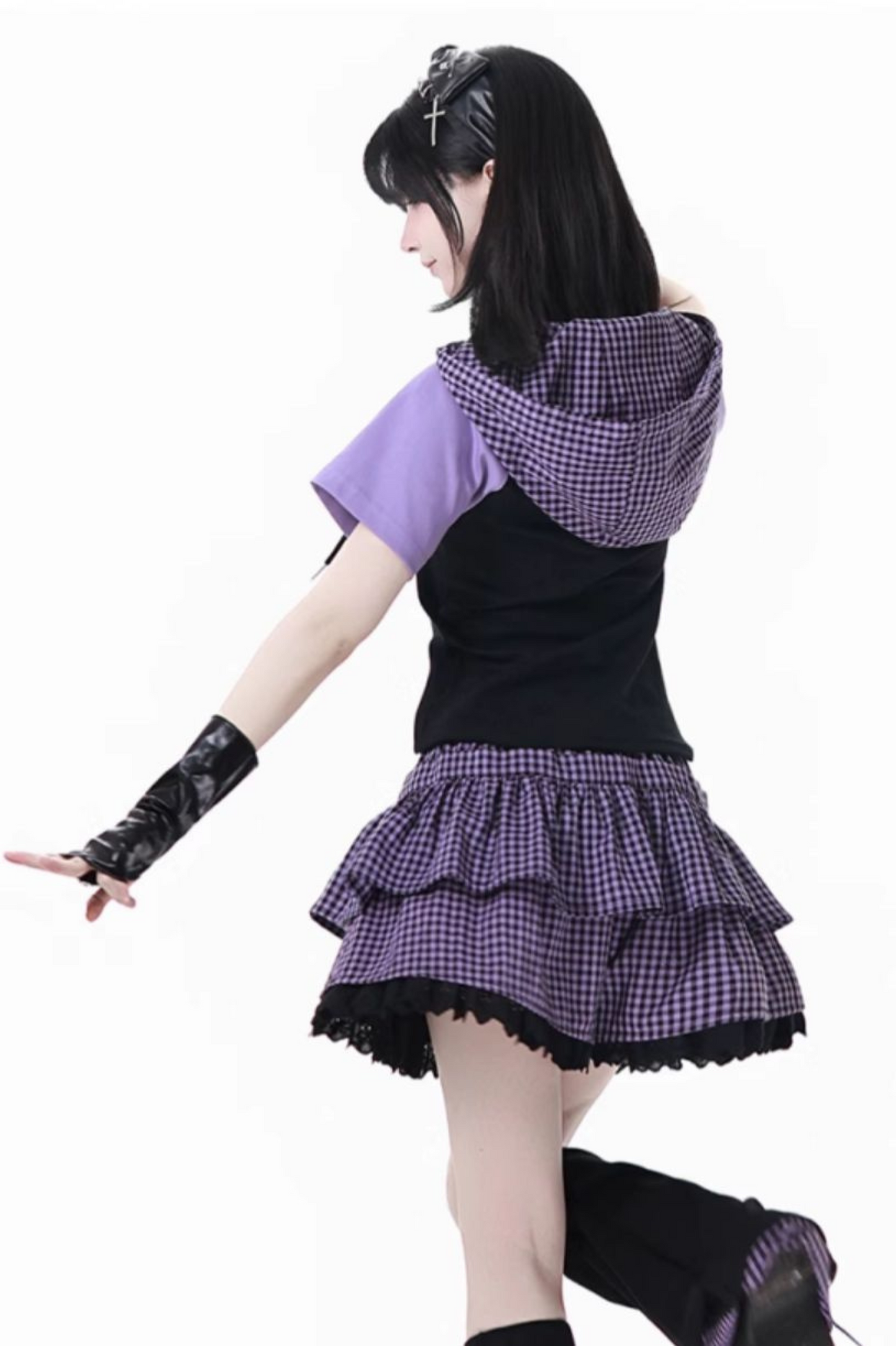 パープルグリッドカラーブロックトップス+フードトップス+パンツ+レッグウォーマー