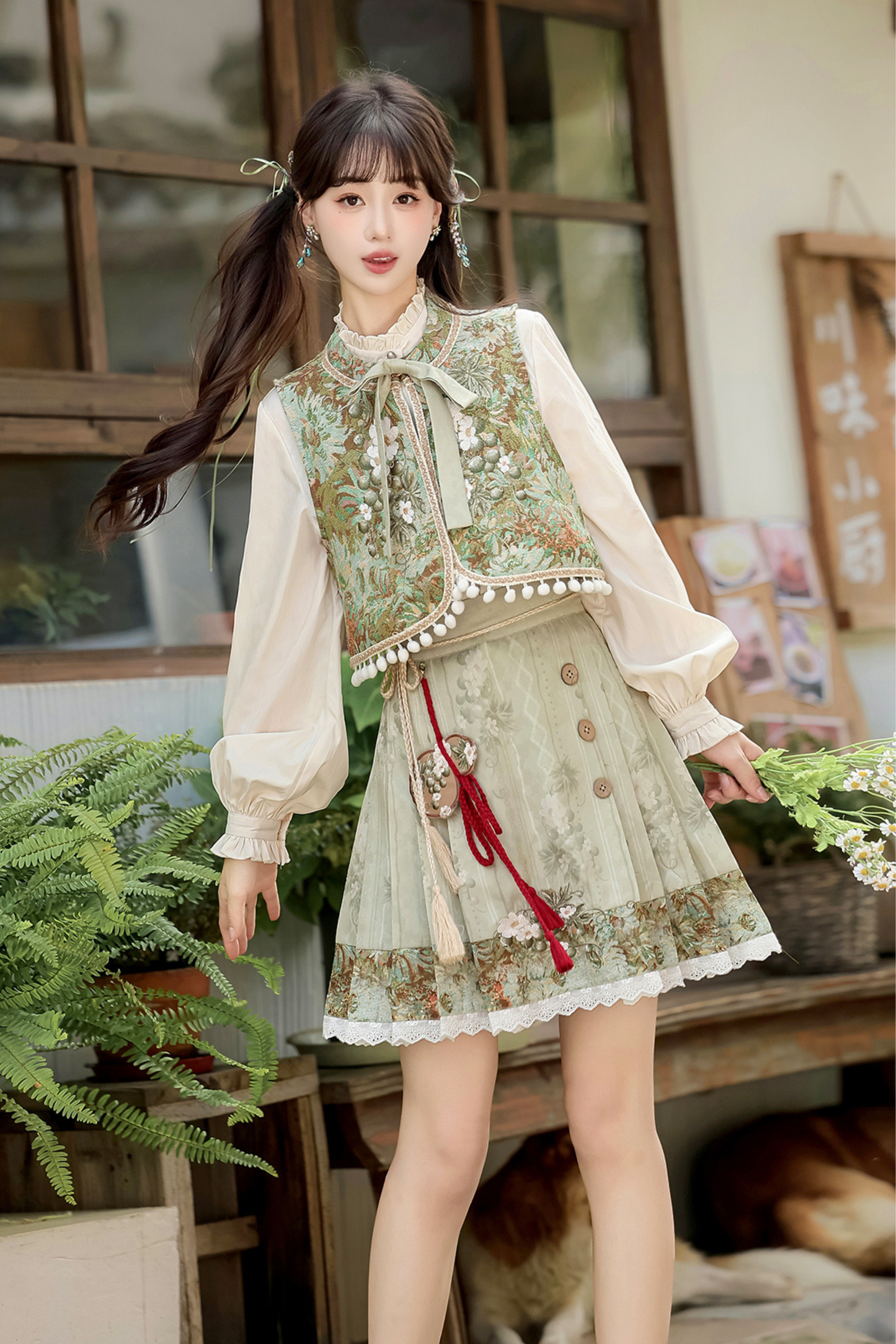 Forest China Vest + Blouse + Skirt