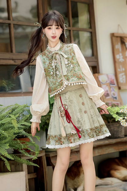 Forest China Vest + Blouse + Skirt