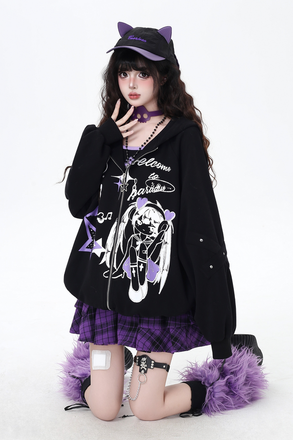 Dark Cute Loose Zip Hooded Hoodie