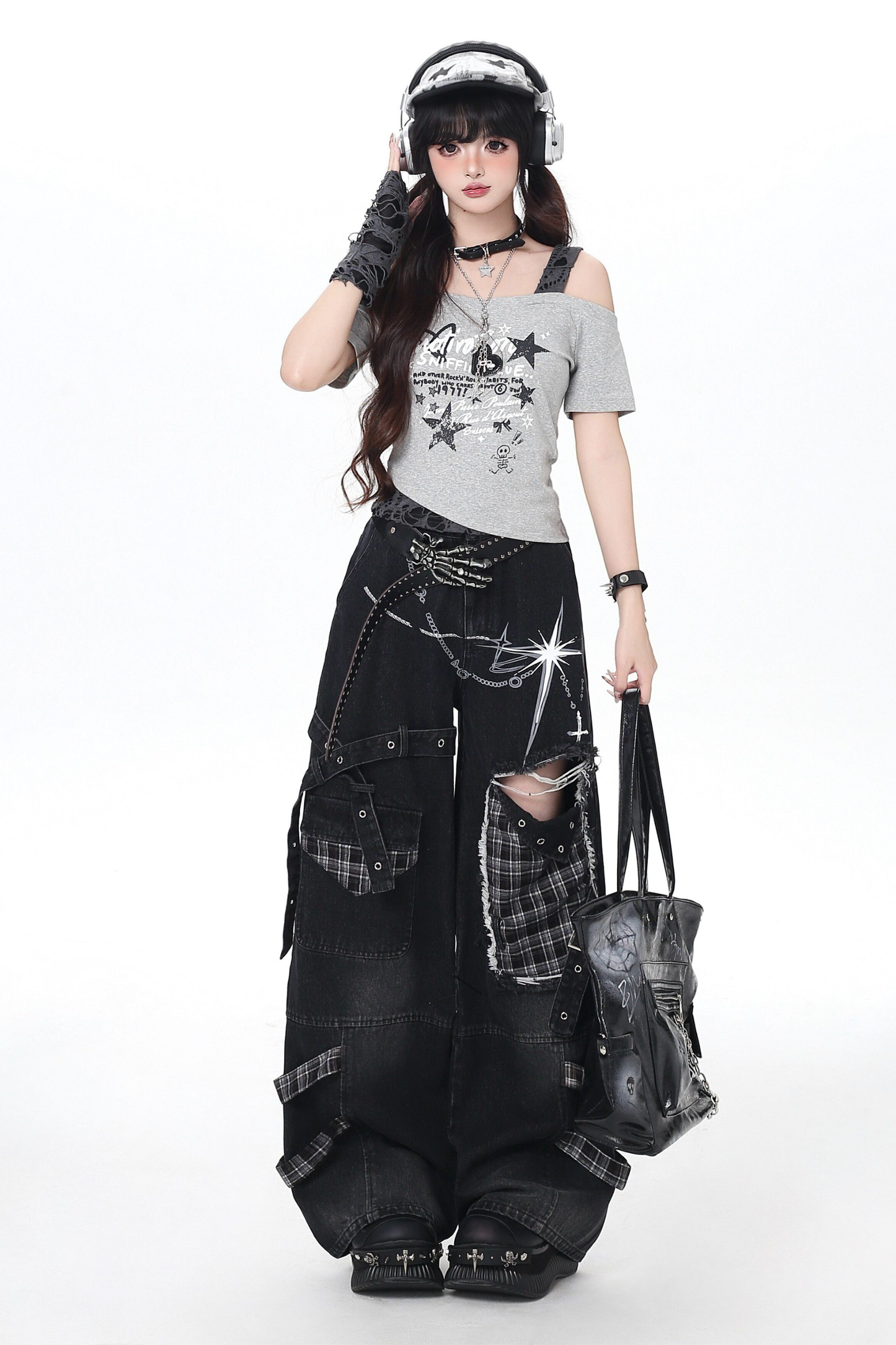 Plaid Patchwork Wide Denim Pants