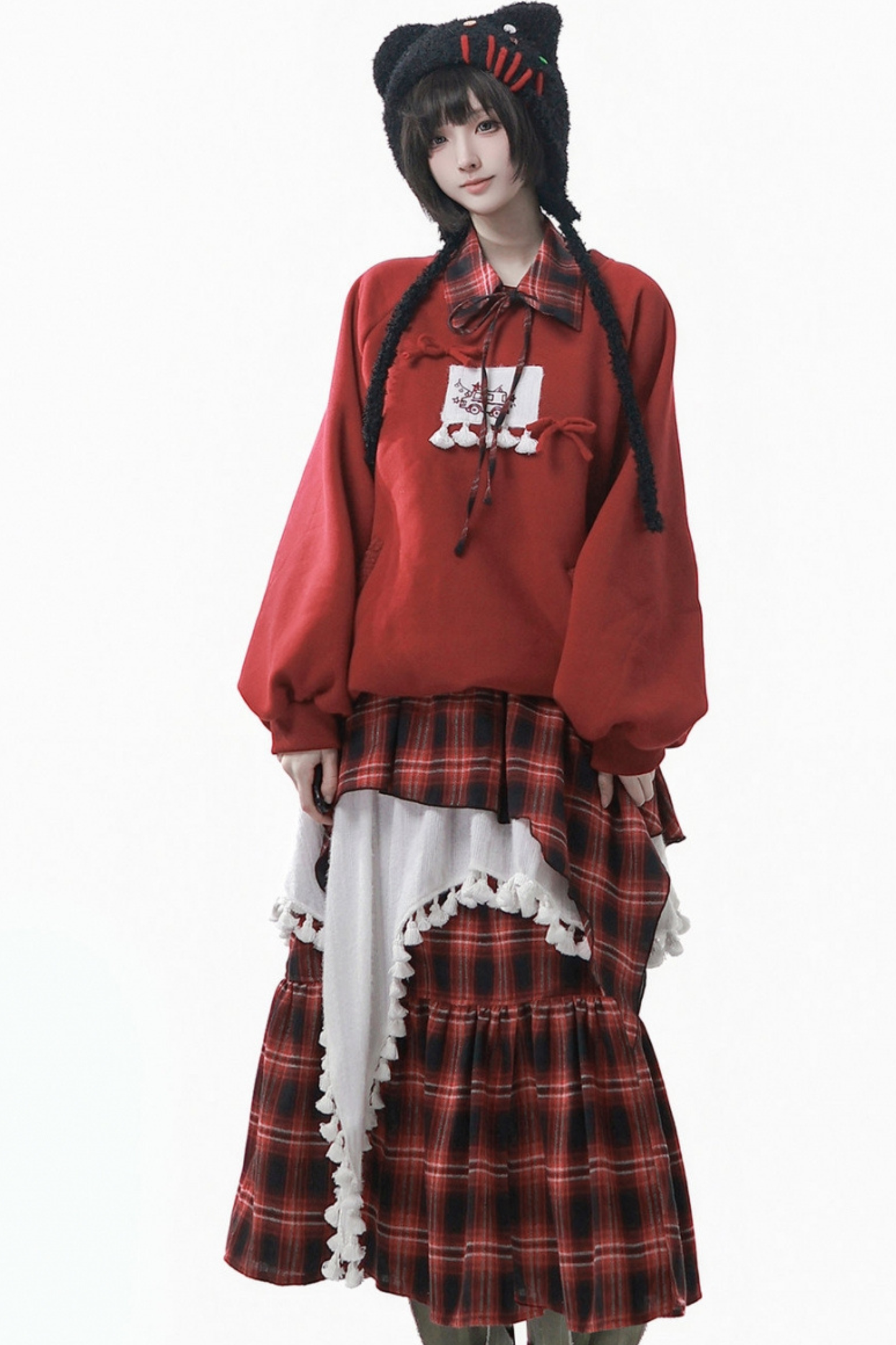 ルーズフリーススウェット+チェックスカート