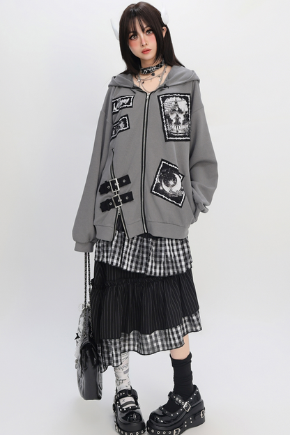 Bee Stitch Print Patchwork Zipper Loose Hoodie