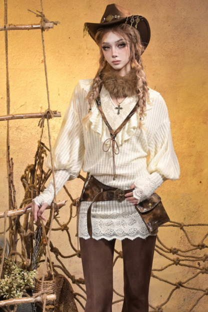 Punk Retro Knitted Top + Sleeveless Top + Belt + Brooch