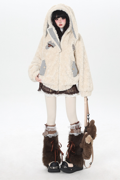 Check Long Bunny Ear Fur Jacket