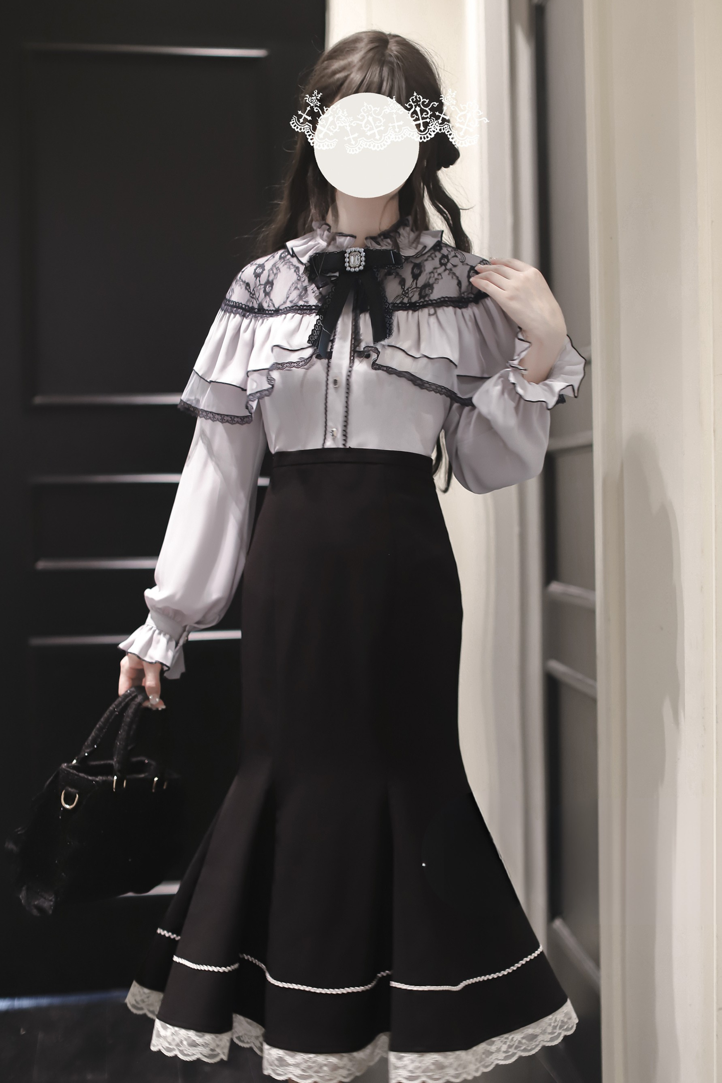 シフォンレースシャツ+フィッシュテールスカート+リボン