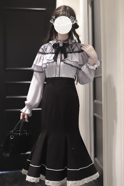 シフォンレースシャツ+フィッシュテールスカート+リボン