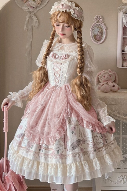 Daily Color Sweet Princess Jumper Skirt + Lace Doll Shirt