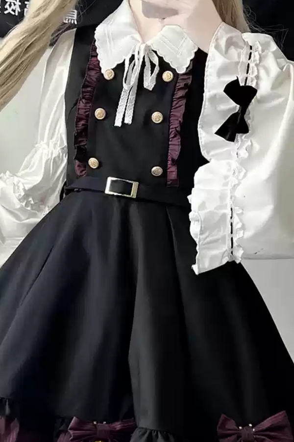 Checked Suspender Skirt + Ribbon Ruffle Shirt