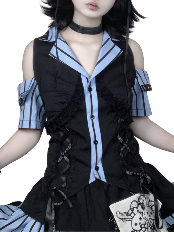 Cord Rabbit Original Off -Shor Stripe Shirt + Assime Man Sliper Association Skirt + Cross Nectage