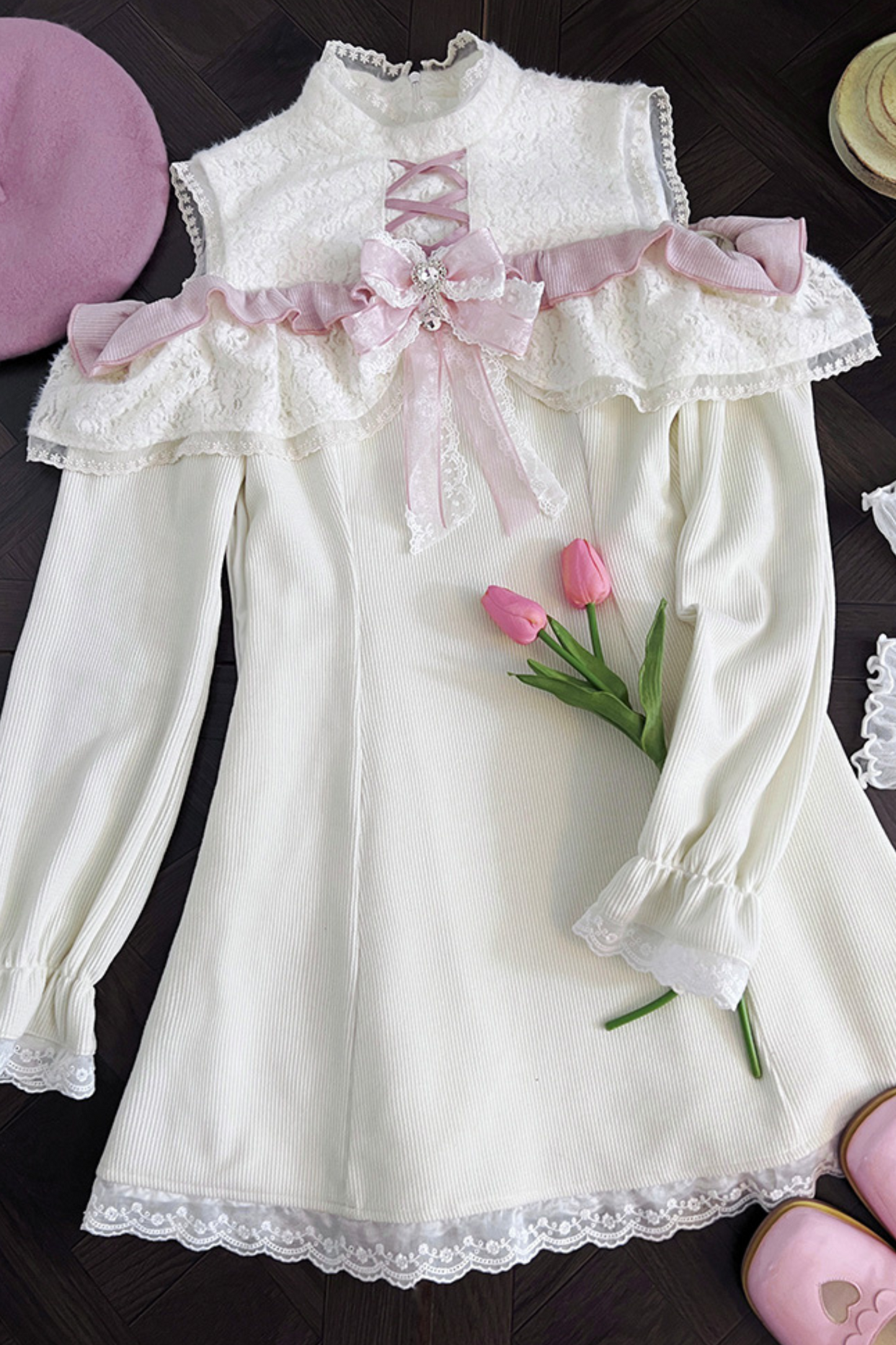 One-Shoulder Lace Ribbon Girly Dress